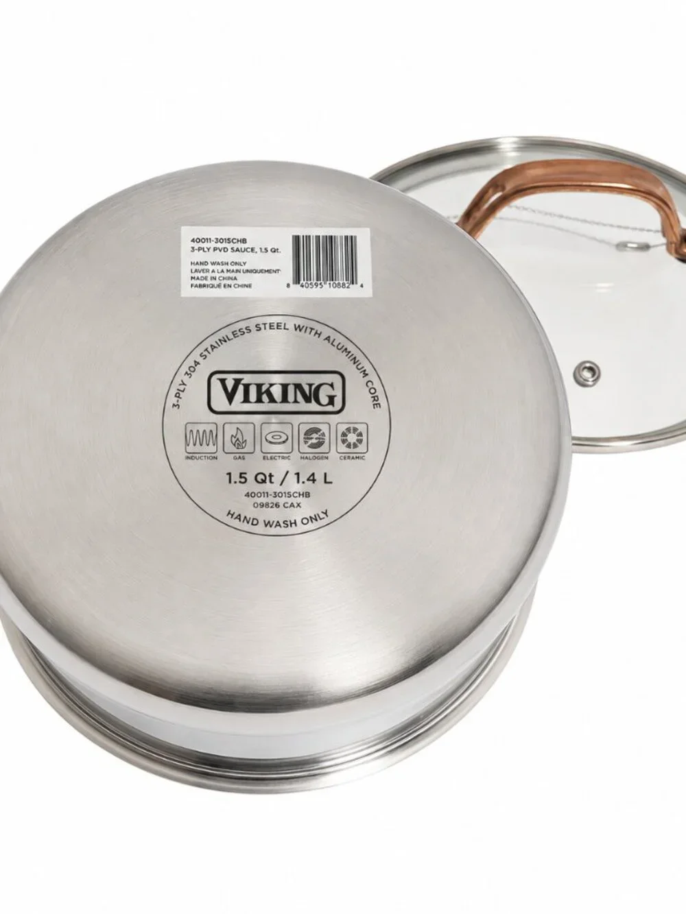 Viking Copper Handle 3-Ply Stainless Steel 1.5 qt Sauce Pan & Glass Lid